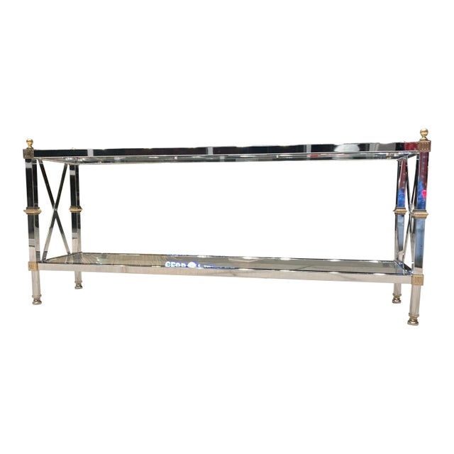 Mid-century modern high quality chrome brass glass tiered Jansen style console or sofa table, manner of Mastercraft, circa...