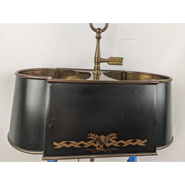 Wildwood Vintage Brass Bouillotte Style Two-Light Table Lamp With Black Tole Shade and Gilt Decoration For Sale - Image 9 of 18