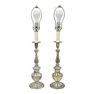 Mid 20th Century International Victorian Silver Plate Floral Repousse Candlestick Table Lamp Pair For Sale