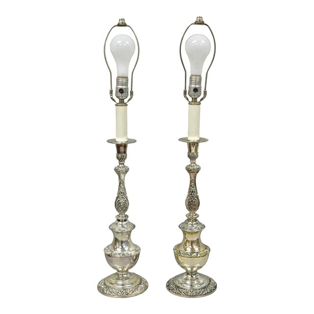 Mid 20th Century International Victorian Silver Plate Floral Repousse Candlestick Table Lamp Pair For Sale