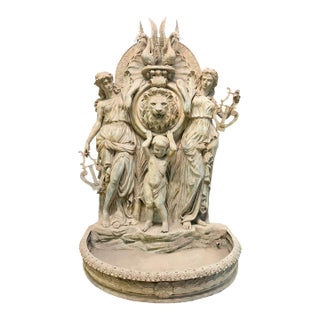 Monumental Bronze Wall Fountain With Muses, Lion's Head & Swan Motif – 94” Tall For Sale