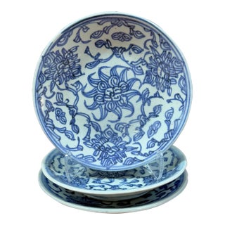 Antique Chinese Qing Blue & White Porcelain Small Plates - Set of 3 For Sale
