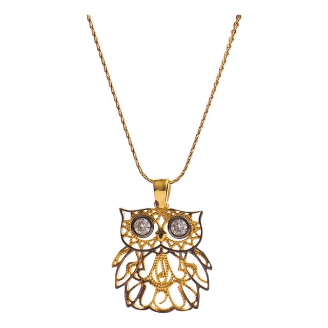 Wisdom Owl Diamond Eyes Gold Necklace For Sale