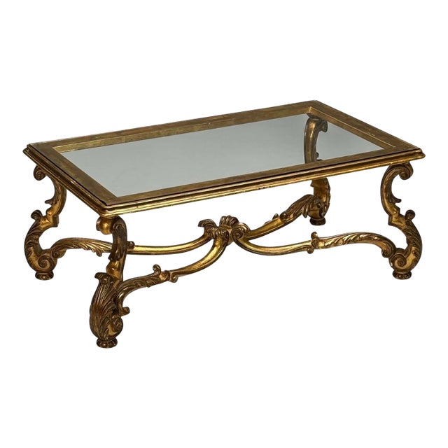 Hollywood Regency, Coffee Table, Gilt Wood, Gold Leaf, Glass, Italy, 1960s For Sale
