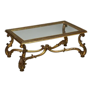 Hollywood Regency, Coffee Table, Gilt Wood, Gold Leaf, Glass, Italy, 1960s