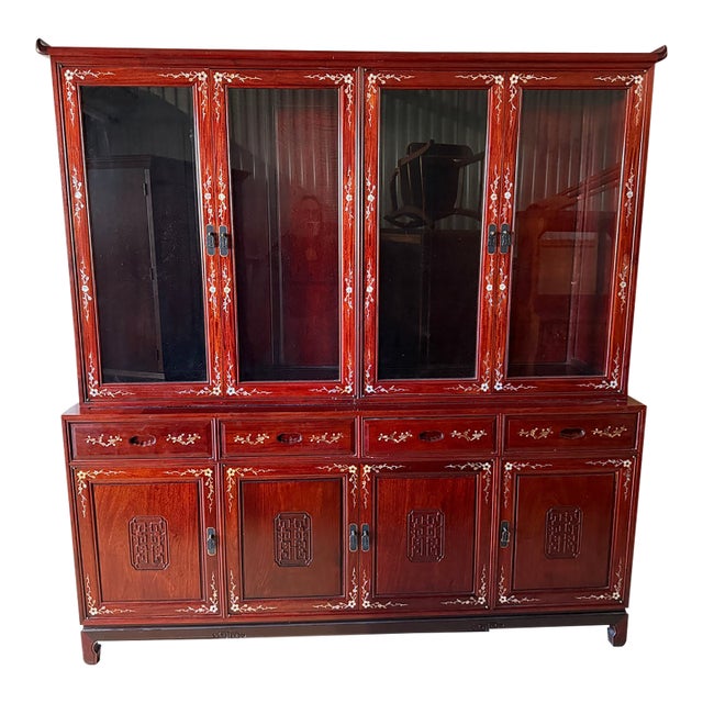 Vintage Chinese Rosewood Mother-of-Pearl Inlaid China Cabinet – 2 Pieces For Sale