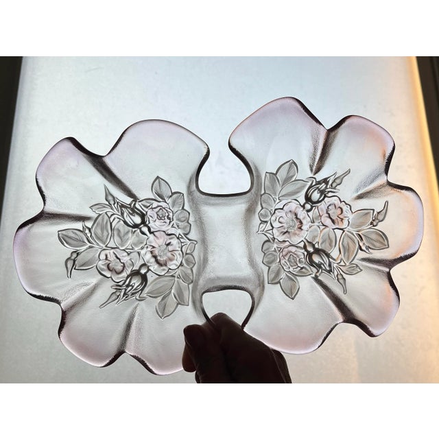 1970s Mikasa Rosella Pink Frosted Glass Divided Dish, Romantic Floral Vanity or Entertaining Tray For Sale - Image 5 of 10