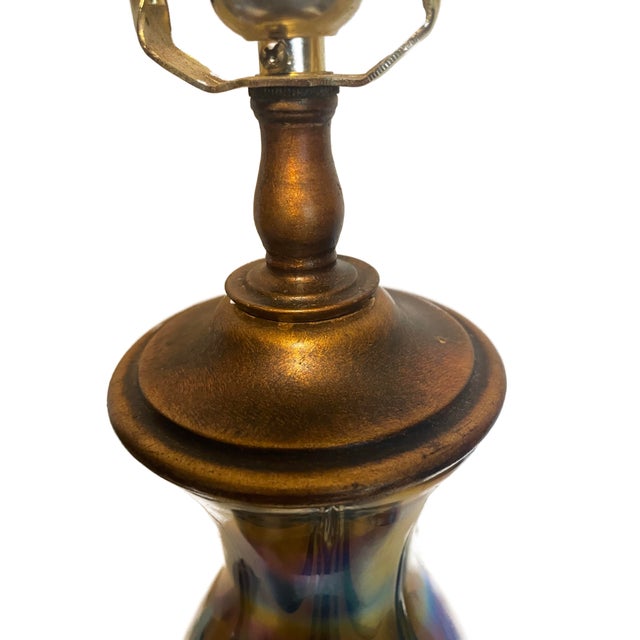 Vintage Iridescent Art Glass Table Lamps-Murano Style Amber Feather Patten - A Pair For Sale - Image 10 of 17