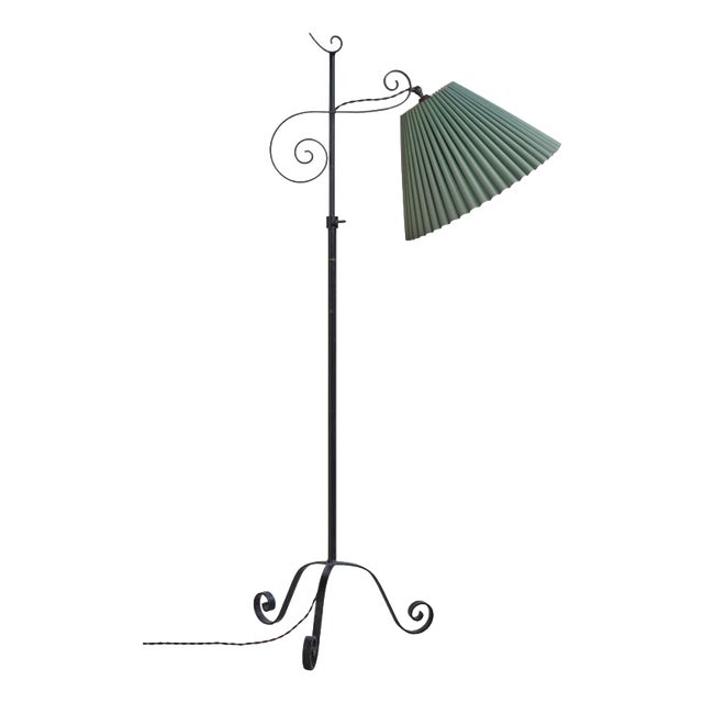 Art Deco Scandinavian Floor Lamp in Wrought Iron with Pleated Shade, 1930s For Sale
