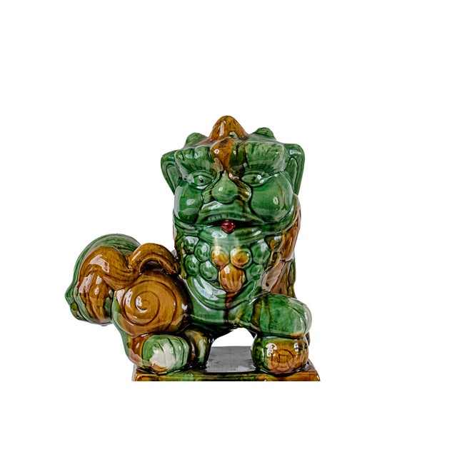 Rare Mid-Century Modern Chinese Ceremic Food Dogs in Vibrant Sancai-Style Green & Amber Drip Glaze For Sale - Image 11 of 12