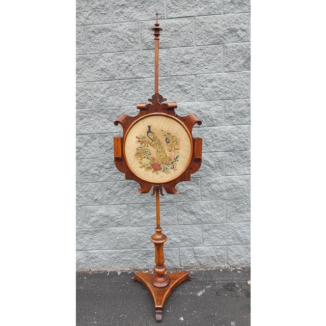 Mid 19th Century 19th Century Victorian Renaissance Rosewood Floral and Peacock Needlepoint Pole Screen For Sale - Image 5 of 8