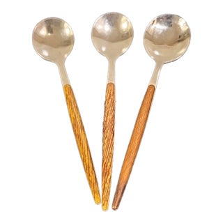 Vintage MCM Tea Spoon Stainless Steel Teak Wood Handle Japan For Sale