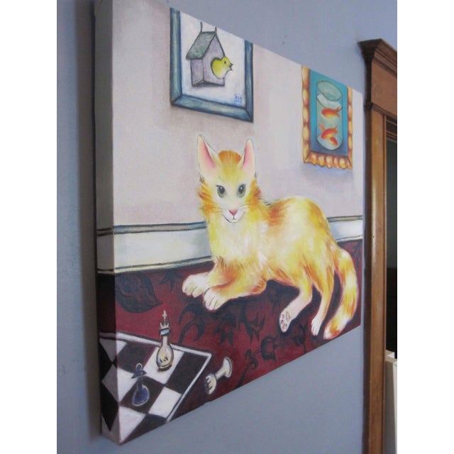 Smarter than you Think by Zoa Ace | Oil Painting of an orange cat in a room with a chessboard For Sale - Image 4 of 5