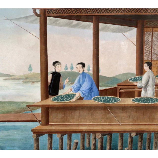 Fine China Trade Watercolor on Paper: Silk Processing—Feeding of Silkworms Circa 1780–1820 For Sale - Image 4 of 13