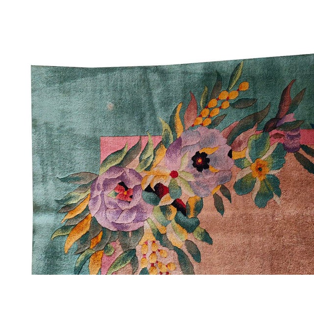 1920s Antique Chinese Beige Cream Open Field Floral Art Deco Wool Knotted Rug For Sale - Image 11 of 13
