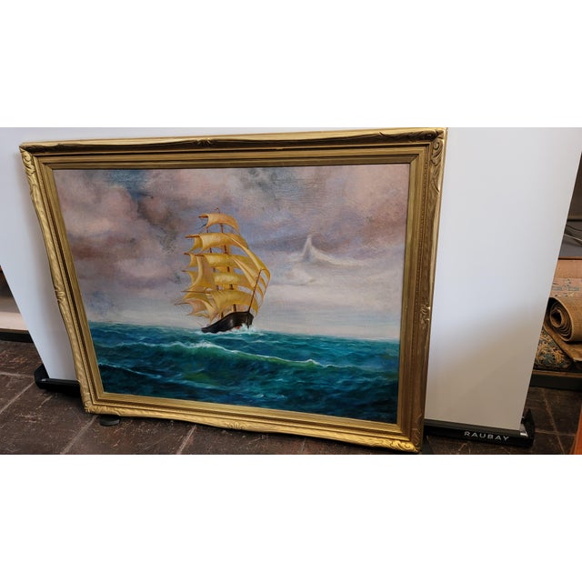 Textile 1900s Large Antique Oil Painting of Clipper Ship For Sale - Image 7 of 7