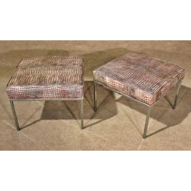 Mid-Century Modern Milo Baughman Style Faux Crocodile Upholstered Chrome Stools Ottomans - a Pair For Sale - Image 3 of 9