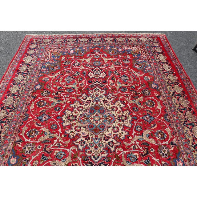 Early 20th Century Vintage Persian Isfahan Rug With Red Field and Ivory Medallion Design For Sale - Image 5 of 13
