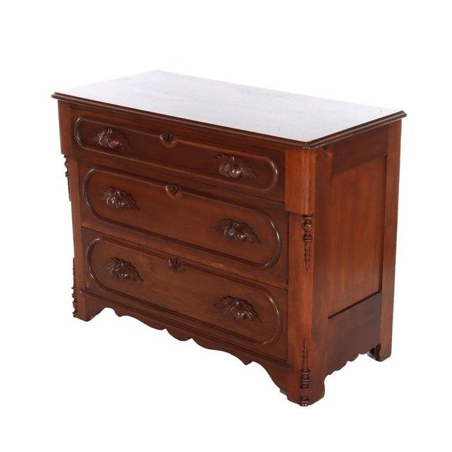 Victorian Antique Victorian Walnut 3-Drawer Chest With Carved Pulls Circa 1890 For Sale - Image 3 of 16