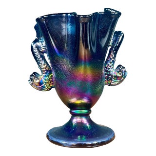 Fenton Twin Dolphin Handled Iridescent Art Glass Vase For Sale