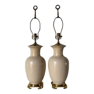1980s Vintage Asian Style Cream Beige Crackle Glazed Ceramic & Brass Table Lamps – A Pair For Sale