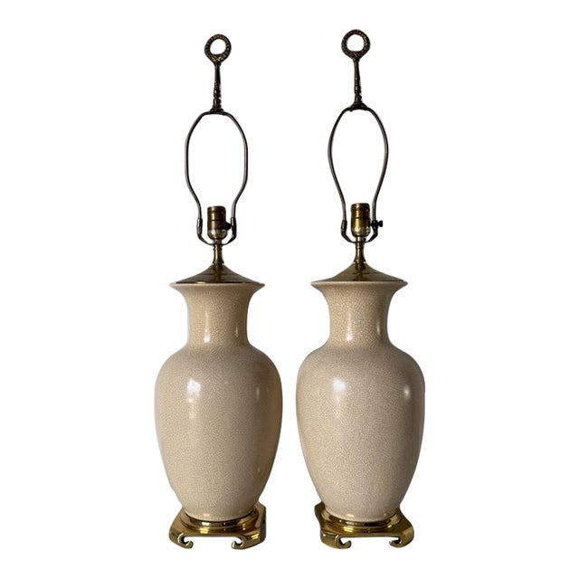 1980s Vintage Asian Style Cream Beige Crackle Glazed Ceramic & Brass Table Lamps – A Pair For Sale