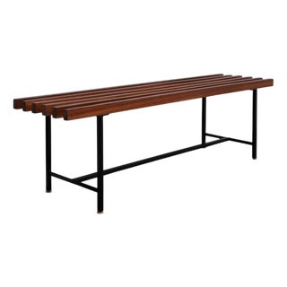 Mid-Century Slatted Teak Bench with Iron Frame, Italy, 1950s For Sale