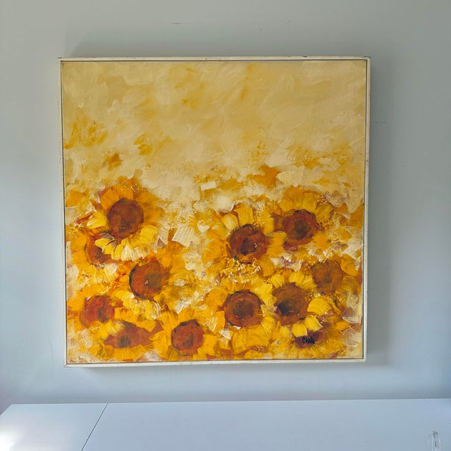 Large 1960s framed sunflower oil painting by Carlo of Hollywood. This piece is in original framing and stretched....