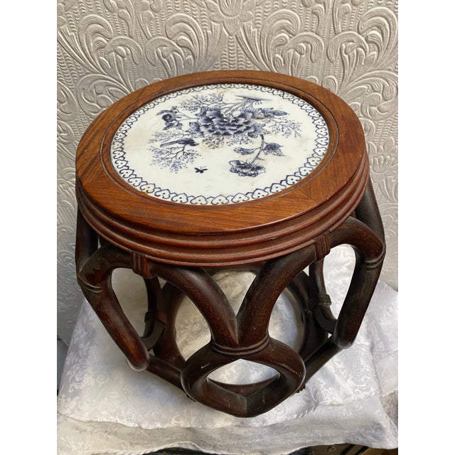 Antique Chinese Blue & White Porcelain Top Twisted Bentwood Drum Stool Table For Sale - Image 4 of 11