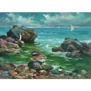 Oil Painting a Boat Is Moored on a Rocky Shore Yuriy Suprunchuk For Sale