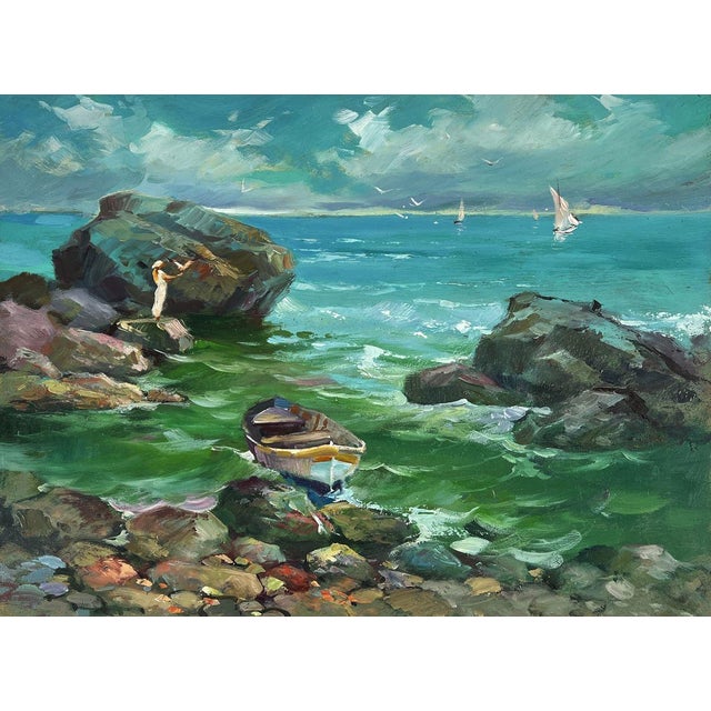 Oil Painting a Boat Is Moored on a Rocky Shore Yuriy Suprunchuk For Sale