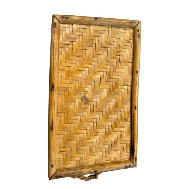 Vintage Chinese Woven Bamboo Serving Tray With Rope Handles | Herringbone Weave For Sale - Image 4 of 5