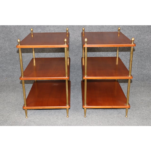 1940s Pair of Solid Cherry Maison Jansen Attributed Brass Directoire Three Tier Tables For Sale - Image 5 of 12