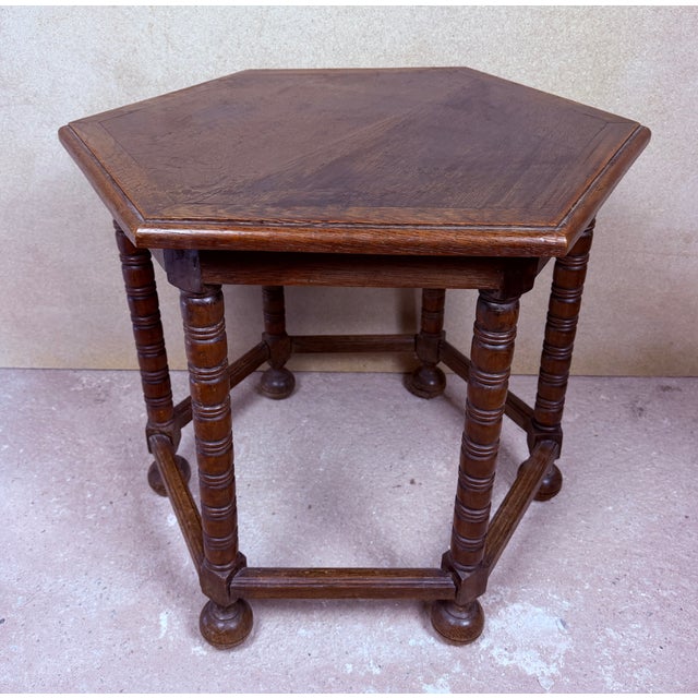 Baroque Spanish Hexagonal Wood Side Table with Turned Legs, 1930 For Sale - Image 3 of 10