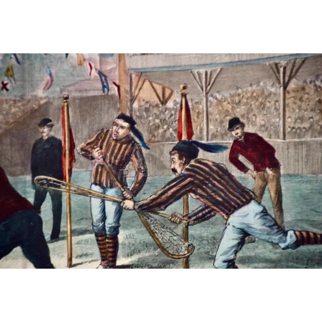 Printmaking Materials "A Game of Lacrosse": A Hand-colored 19th Century Woodcut Engraving by Hall, 1884 For Sale - Image 7 of 9