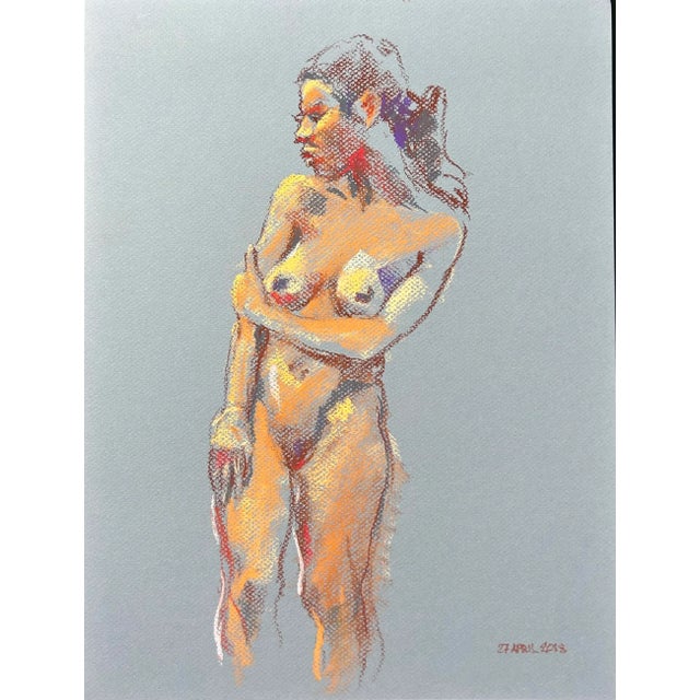Impressionist Impressionistic Pastel Drawing on Blue Paper of Nude Woman by Harold Grote For Sale - Image 3 of 6