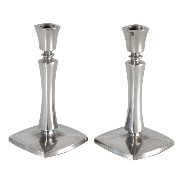 Danish Square Based Candleholders in Polished Pewter by Just Andersen, 1960s, Set of 2 For Sale