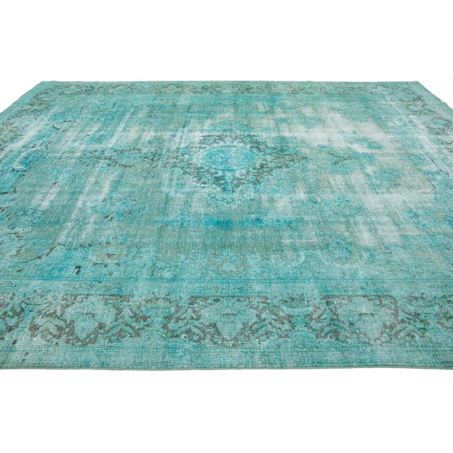 Turquoise Antique Overdyed Persian Wool Rug With Medallion Motif For Sale - Image 4 of 10