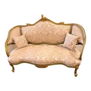 1960s French Louis XV Rococo Canapac Loveseat Antique Green & Gold Gilt Wood Beige upholstery Settee For Sale