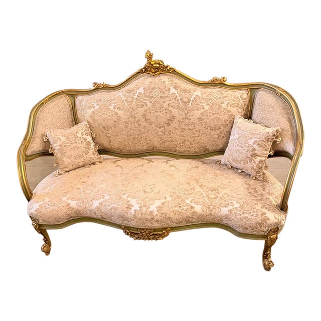 1960s French Louis XV Rococo Canapac Loveseat Antique Green & Gold Gilt Wood Beige upholstery Settee For Sale