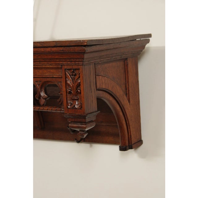 Antique French Gothic Revival Carved Oak Coat Rack Wall Shelf For Sale In Philadelphia - Image 6 of 12