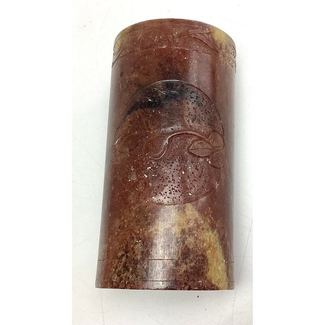 Gorgeous Carved Chinese Soapstone Brush Pot. 3 inches in diameter 6 inches tall it has a design on two sides and along the...