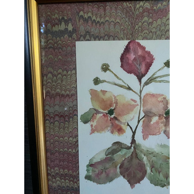 Traditional Original Botanical Watercolor With Marble Paper Matting - Dogwood For Sale - Image 3 of 5