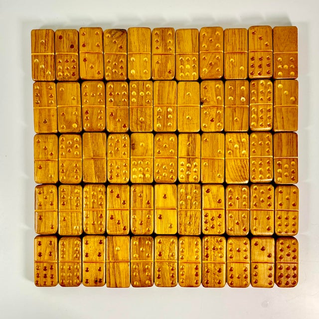 Wood 1980s Vintage Arts & Crafts Folk Art Hand Carved Oak Jumbo Dominos Double-Nine Set - 55 Pieces For Sale - Image 7 of 14