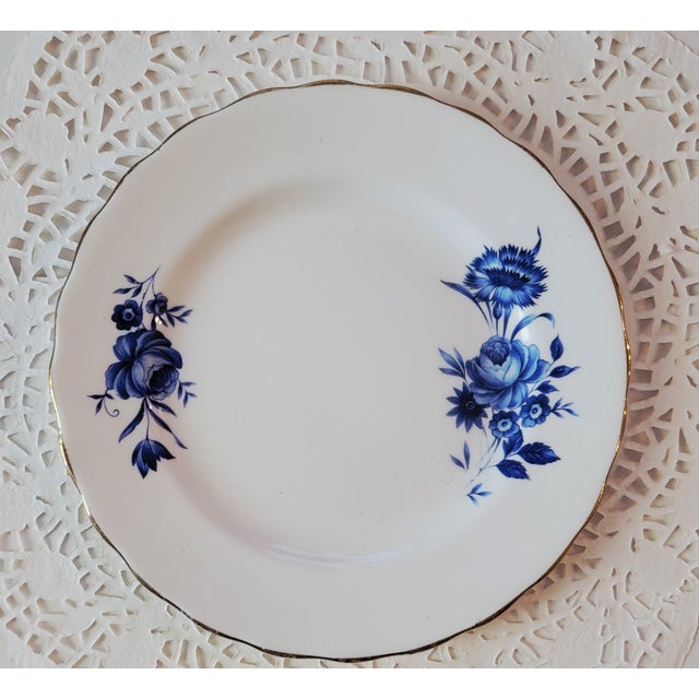 Vintage Elizabethan Bread or Dessert Plate, Fine Bone China by Taylor & Kent England, Blue Roses and White English Porcelain Dishes, 7", Set of 4 For Sale - Image 4 of 8