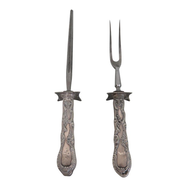 Early 20th Century Gorham Roast Fork and Sharpener Silver Plate 2 pcs For Sale