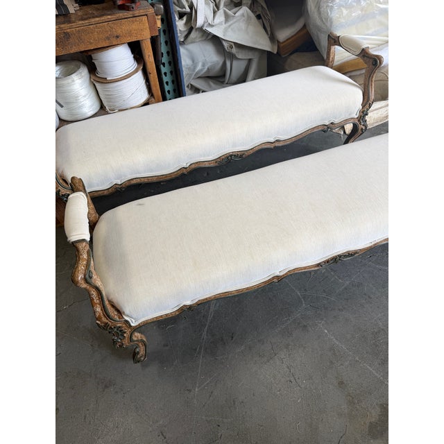 French Provincial Brunschwig-Upholstered Long Mediterranean Benches, a Pair For Sale - Image 3 of 10