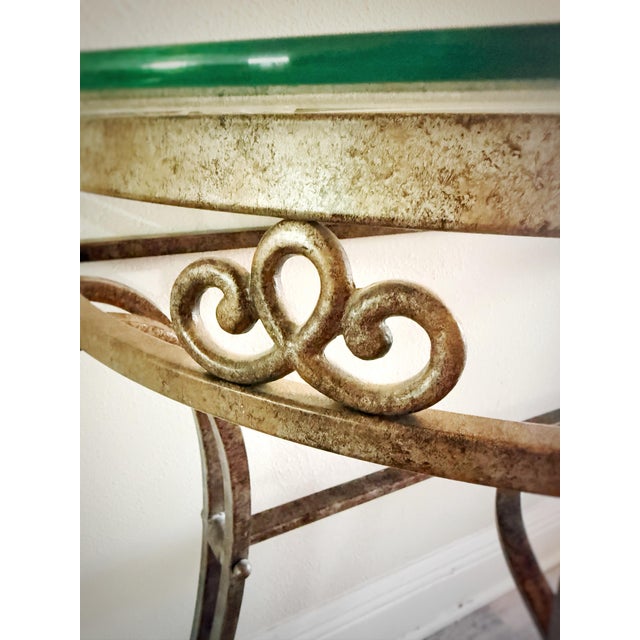 Bronze Vintage Hollywood Regency Italianate Glass Console Table With Ornate Gilt Iron Base For Sale - Image 8 of 10