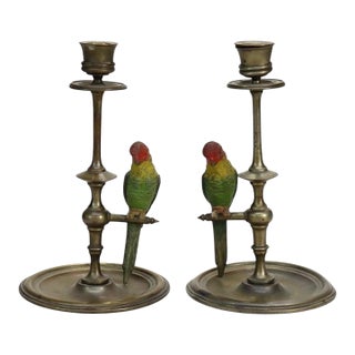 Pair Antique Brass Candlesticks & Cold Painted Bergman Bronze Parrots C1920 For Sale