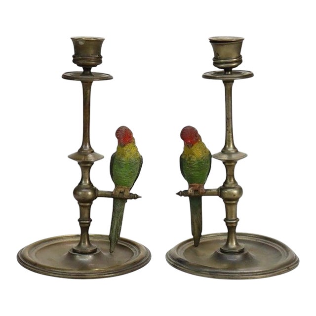 Pair Antique Brass Candlesticks & Cold Painted Bergman Bronze Parrots C1920 For Sale